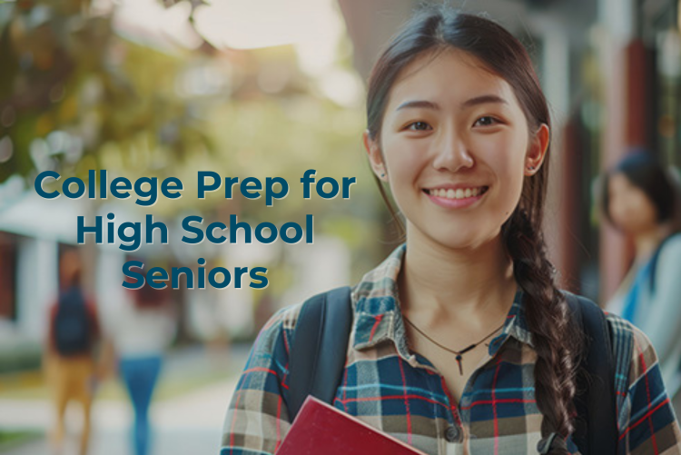 Text: College Prep for High School Seniors displayed to the left of a teenage girl smiling at the camera.